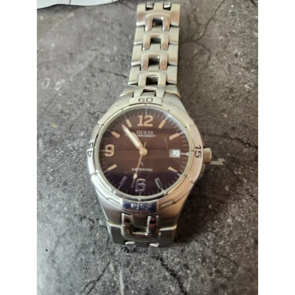 Guess Water Pro Watch Men Silver Tone Black Dial‎ Date